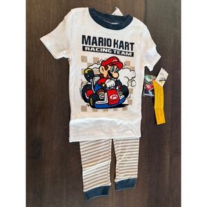 Nintendo Mario Kart Racing Team Kids Pajama Set 2pc White Tan Striped NWT Size 4